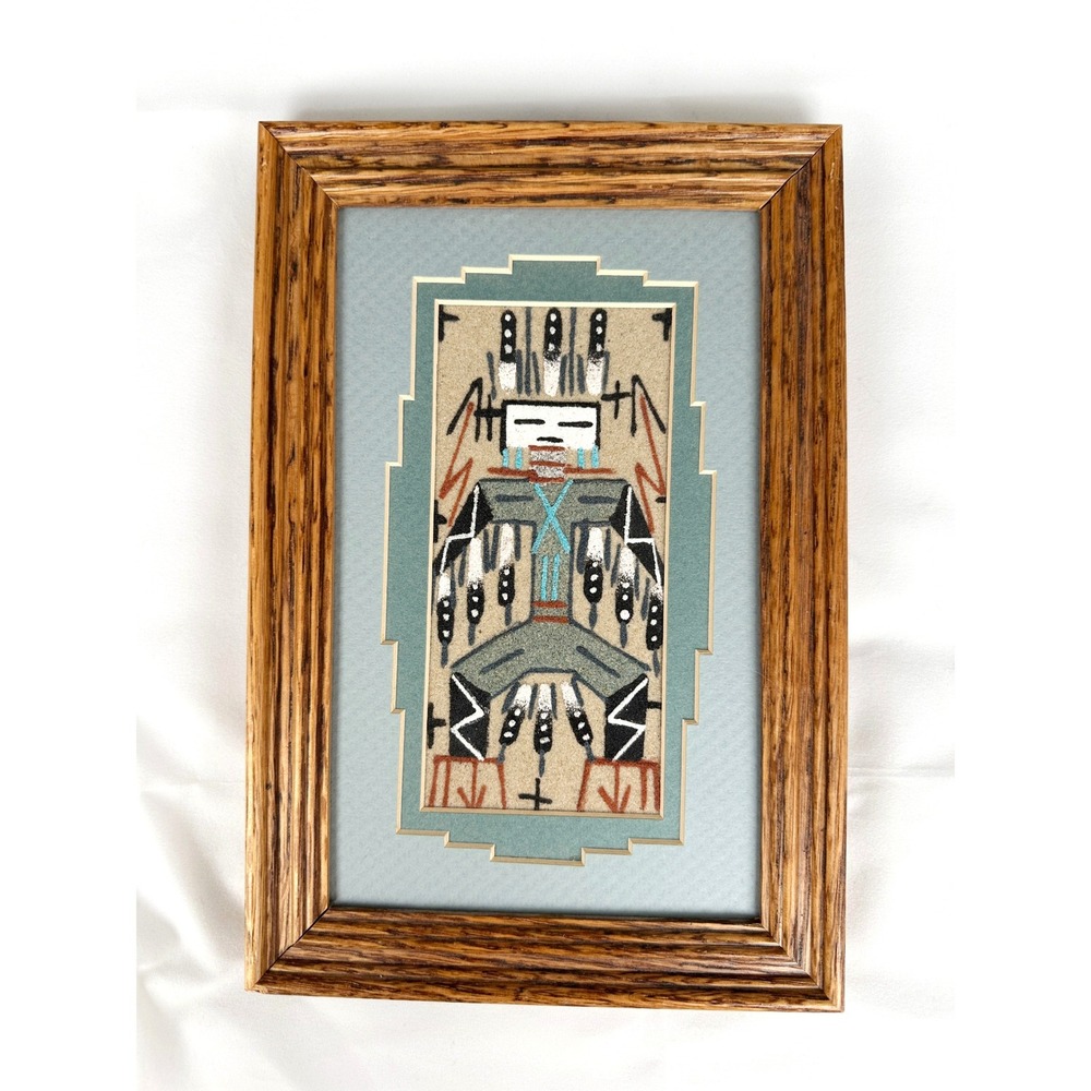 Vintage Navajo‎ Thunderbird Sand Painting Signed Doby Framed Authentic 6x9